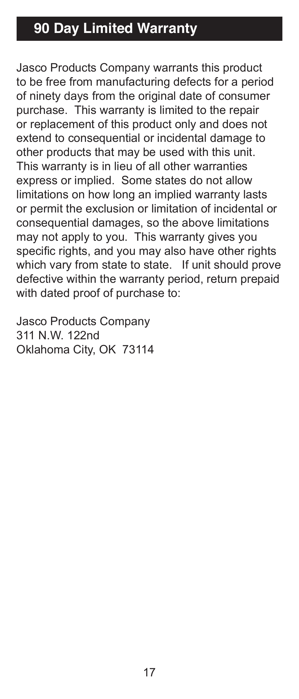 90 day limited warranty | GE 24970 GE Universal Remote User Manual | Page 17 / 18