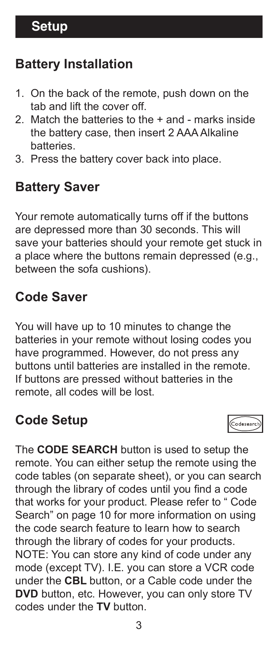 Battery installation, Battery saver, Code saver | Code setup, Setup | GE 24970 GE Universal Remote User Manual | Page 3 / 18