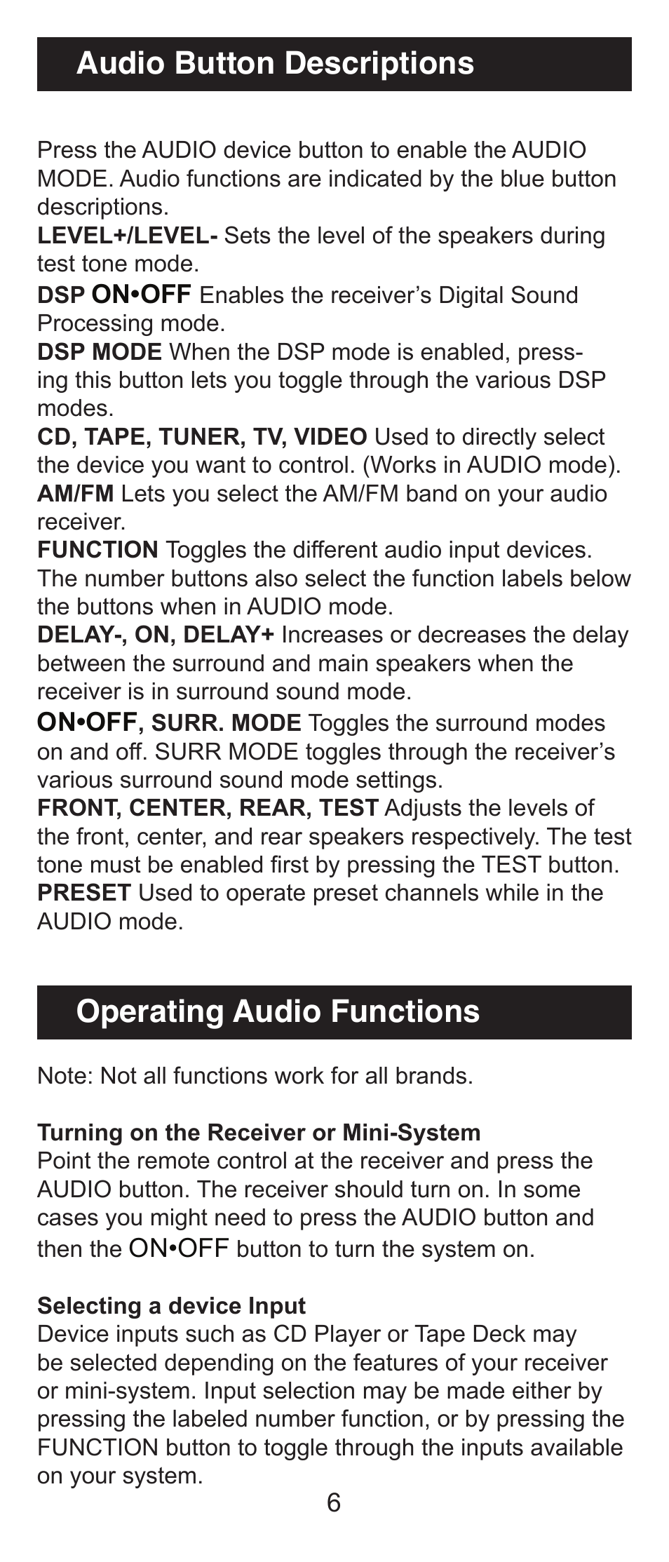 Operating audio functions, Audio button descriptions | GE 24970 GE Universal Remote User Manual | Page 6 / 18