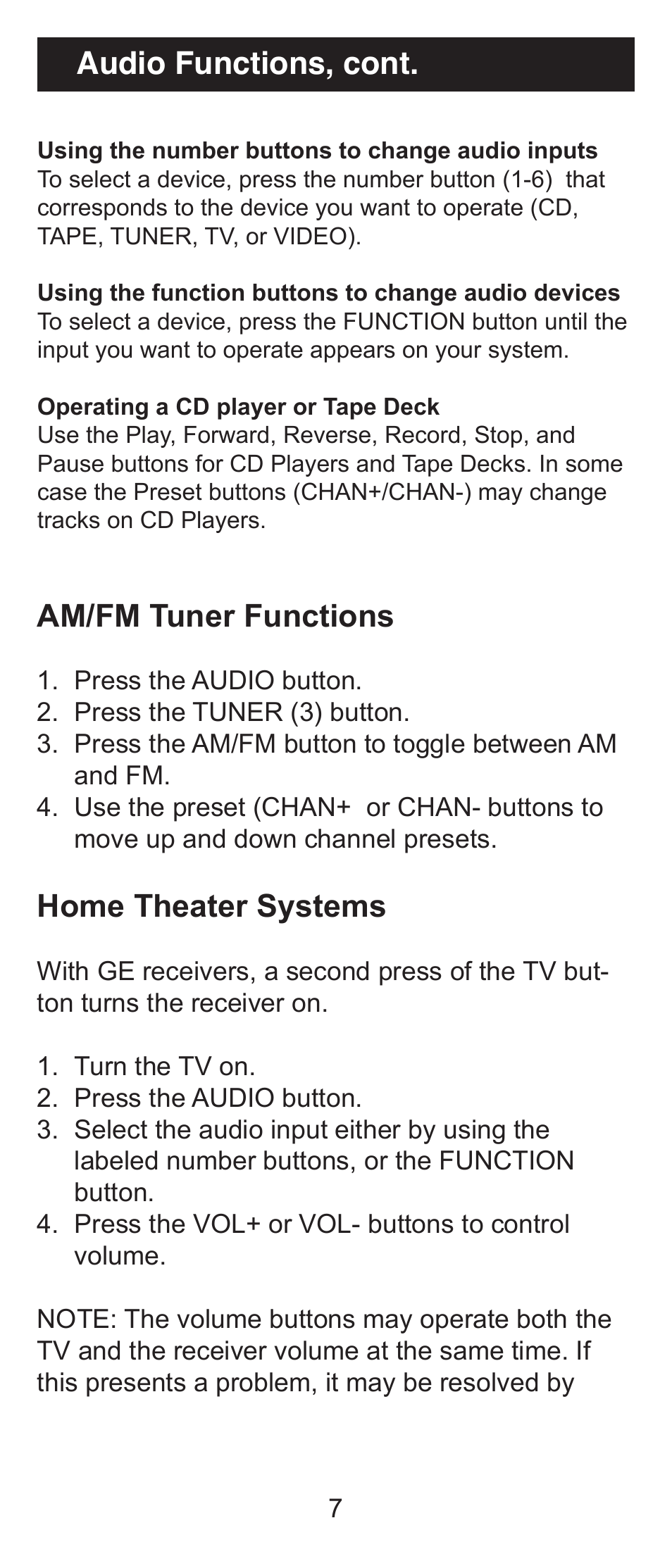 Am/fm tuner functions, Home theater systems, Audio functions, cont | GE 24970 GE Universal Remote User Manual | Page 7 / 18