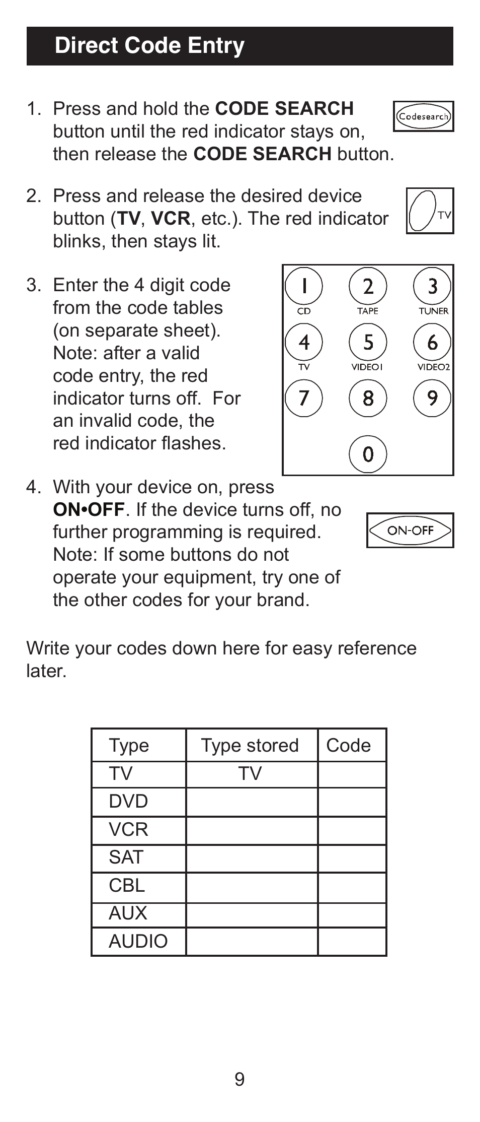 Direct code entry | GE 24970 GE Universal Remote User Manual | Page 9 / 18