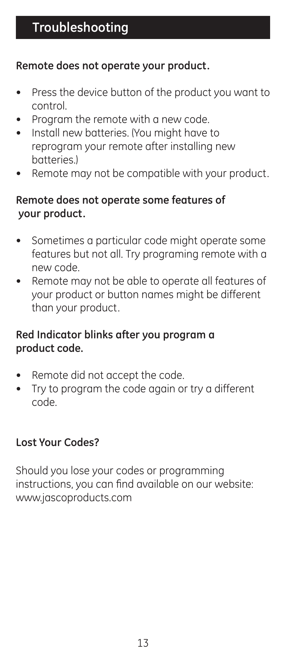 Troubleshooting | GE 24944 Universal Remote User Manual | Page 13 / 28