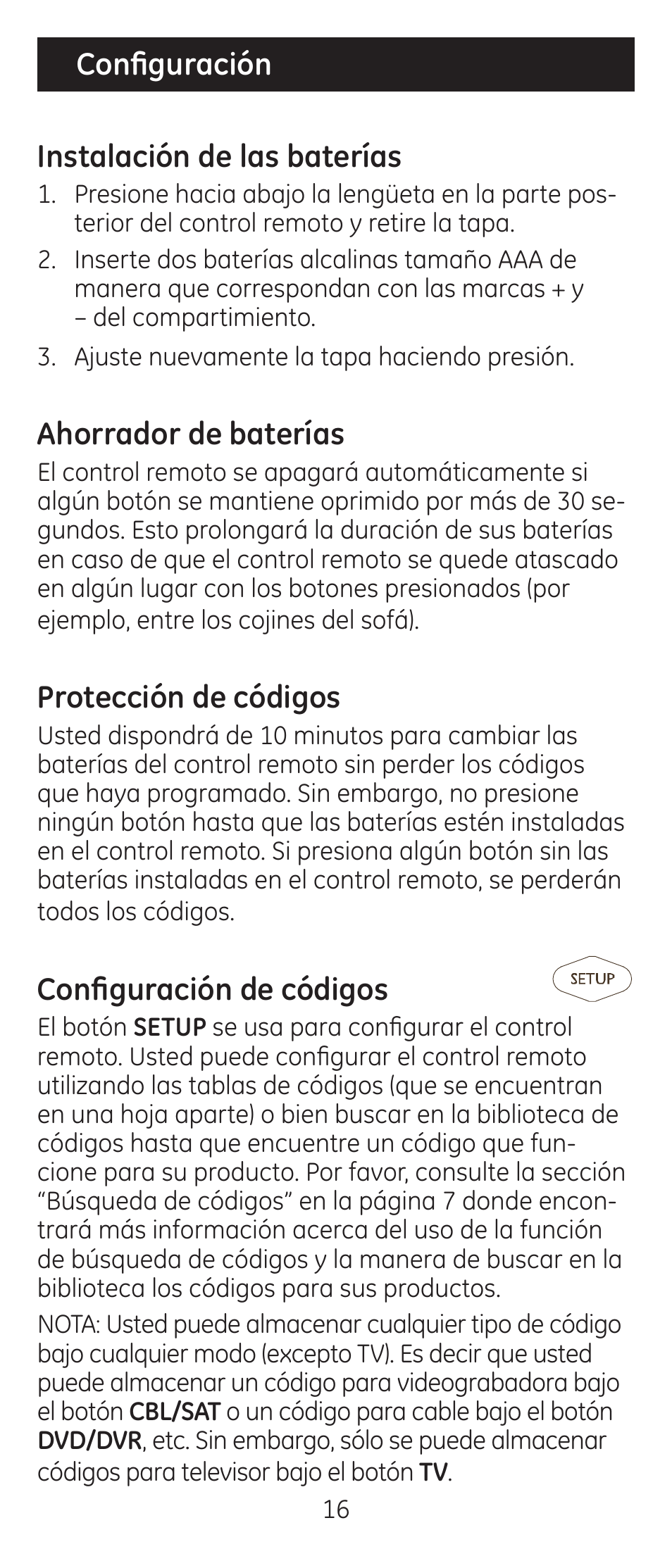 Configuración instalación de las baterías, Ahorrador de baterías, Protección de códigos | Configuración de códigos | GE 24944 Universal Remote User Manual | Page 16 / 28