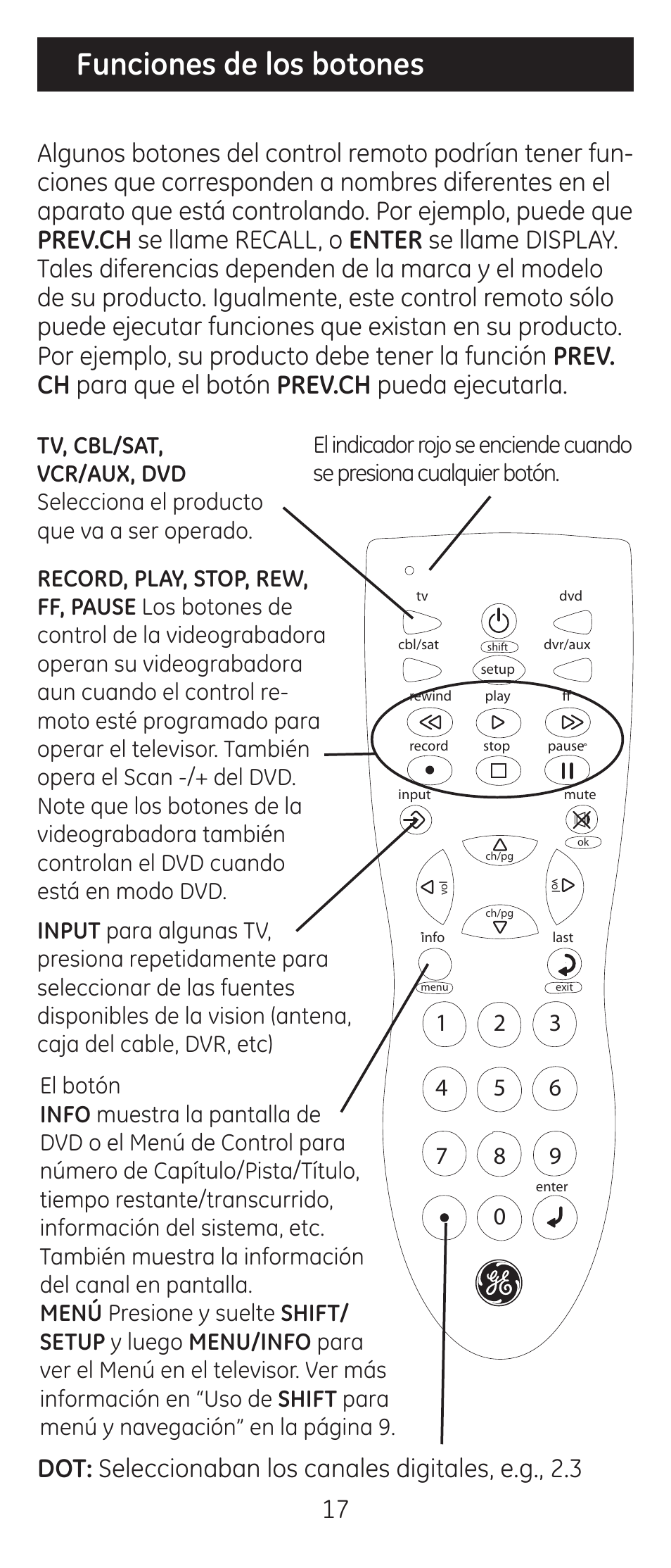 Funciones de los botones | GE 24944 Universal Remote User Manual | Page 17 / 28