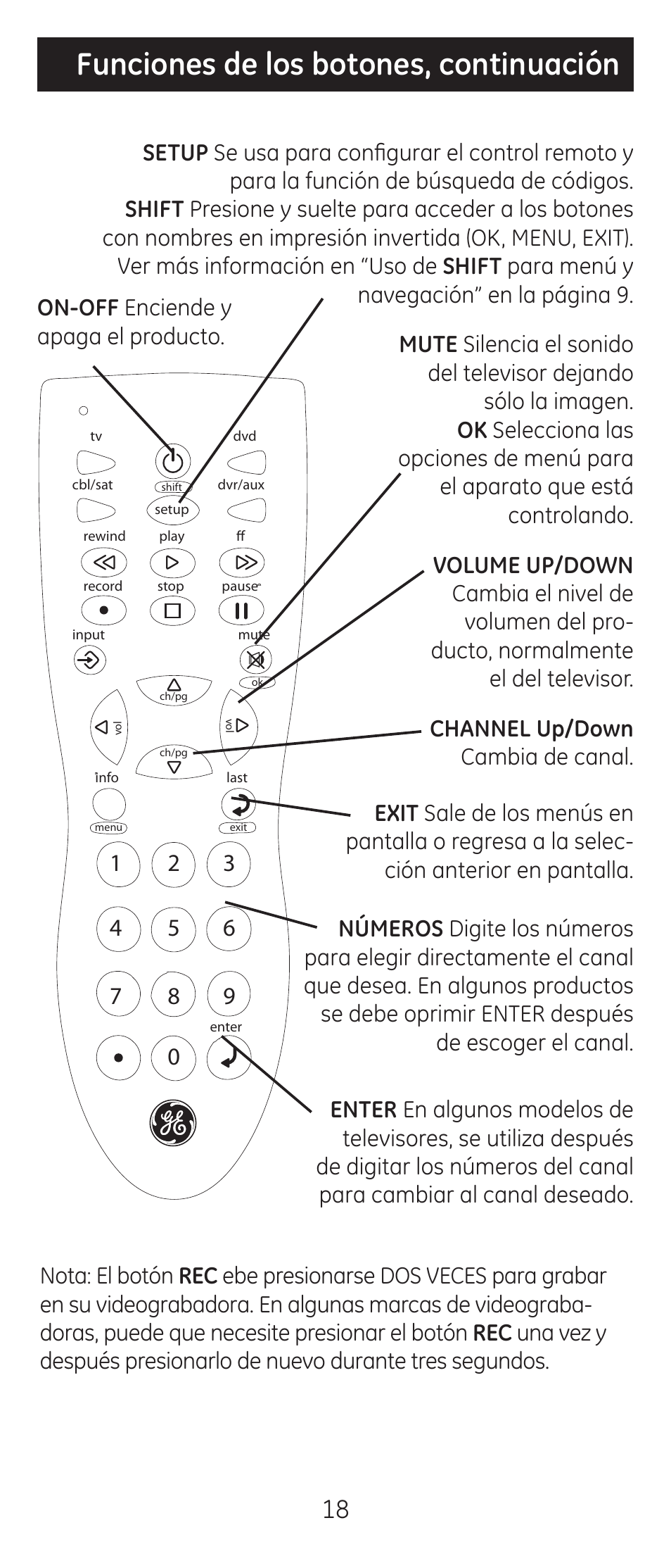 Funciones de los botones, continuación | GE 24944 Universal Remote User Manual | Page 18 / 28
