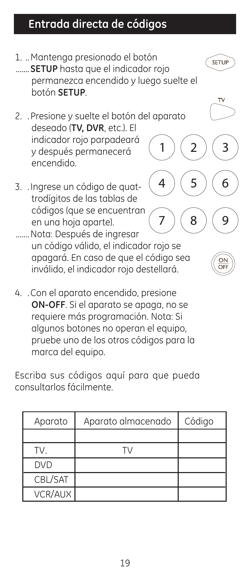 Entrada directa de códigos | GE 24944 Universal Remote User Manual | Page 19 / 28