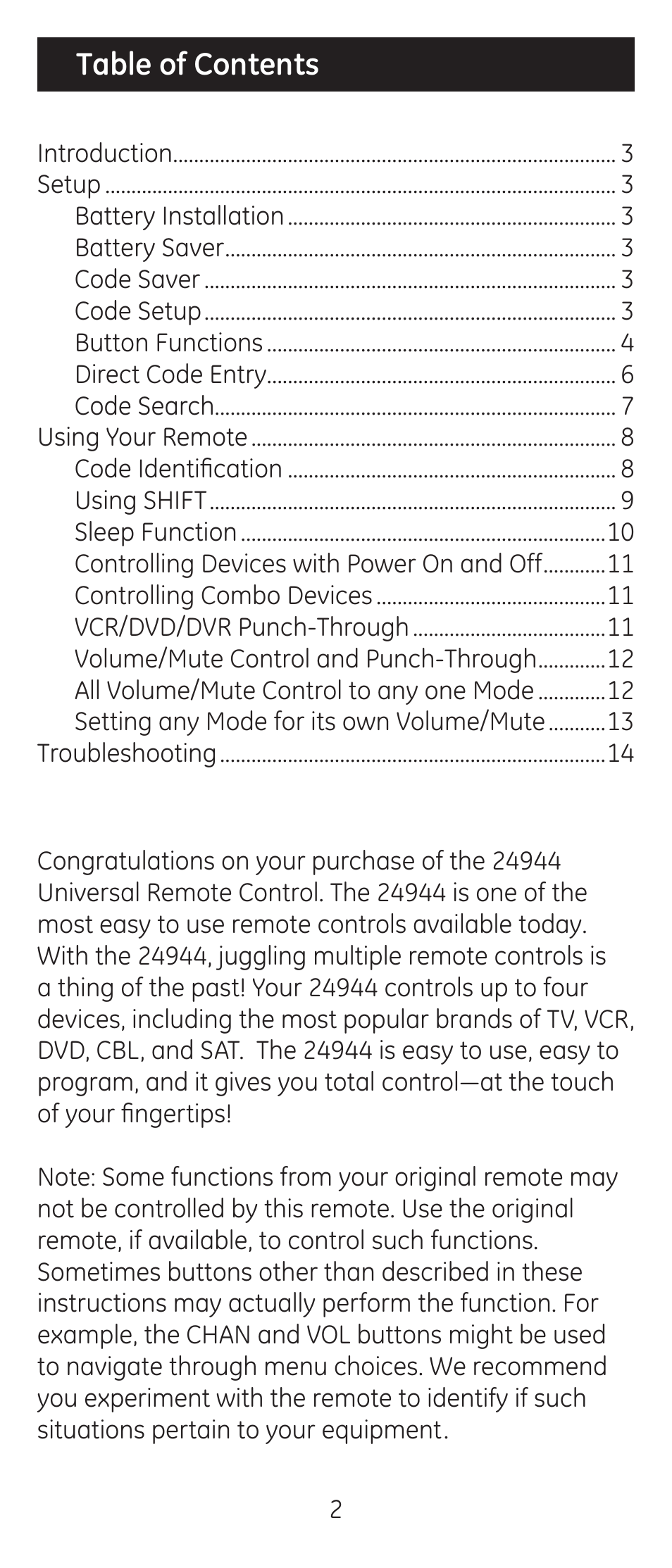 GE 24944 Universal Remote User Manual | Page 2 / 28