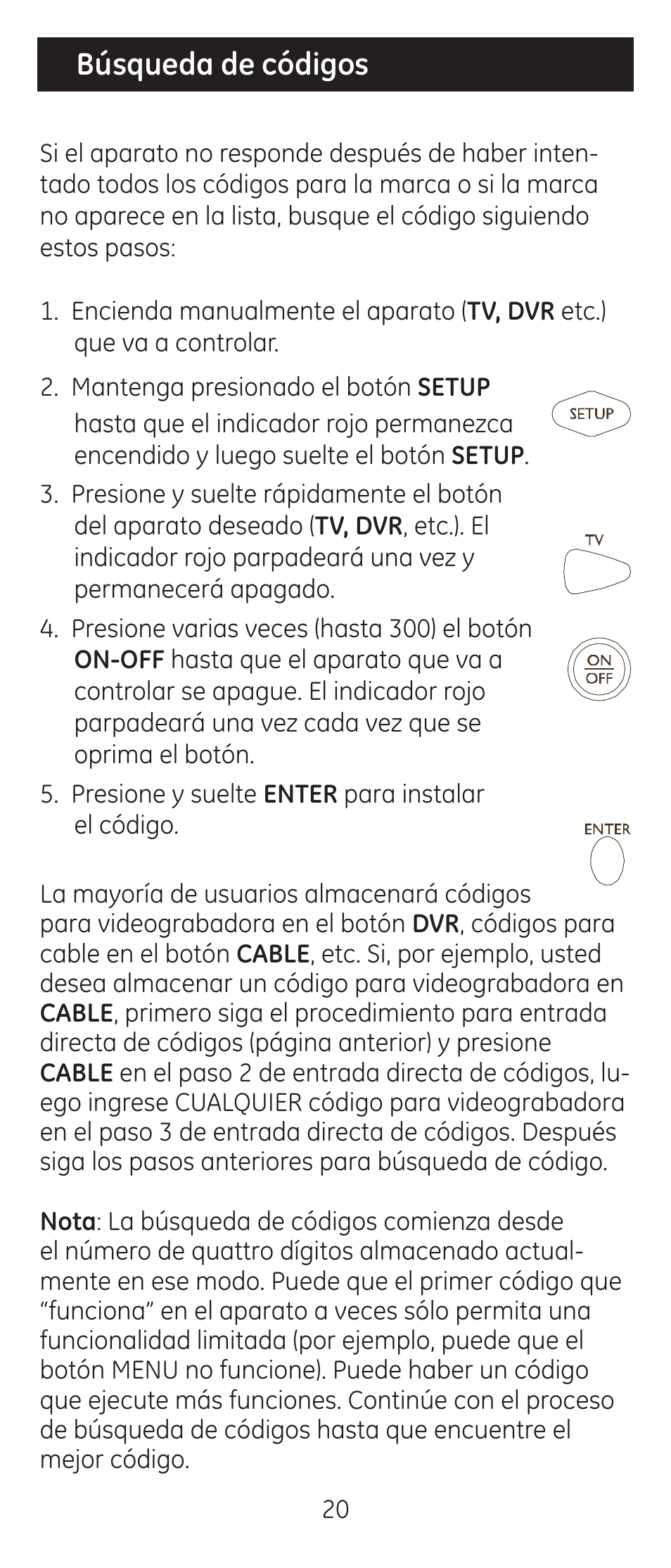 Búsqueda de códigos | GE 24944 Universal Remote User Manual | Page 20 / 28