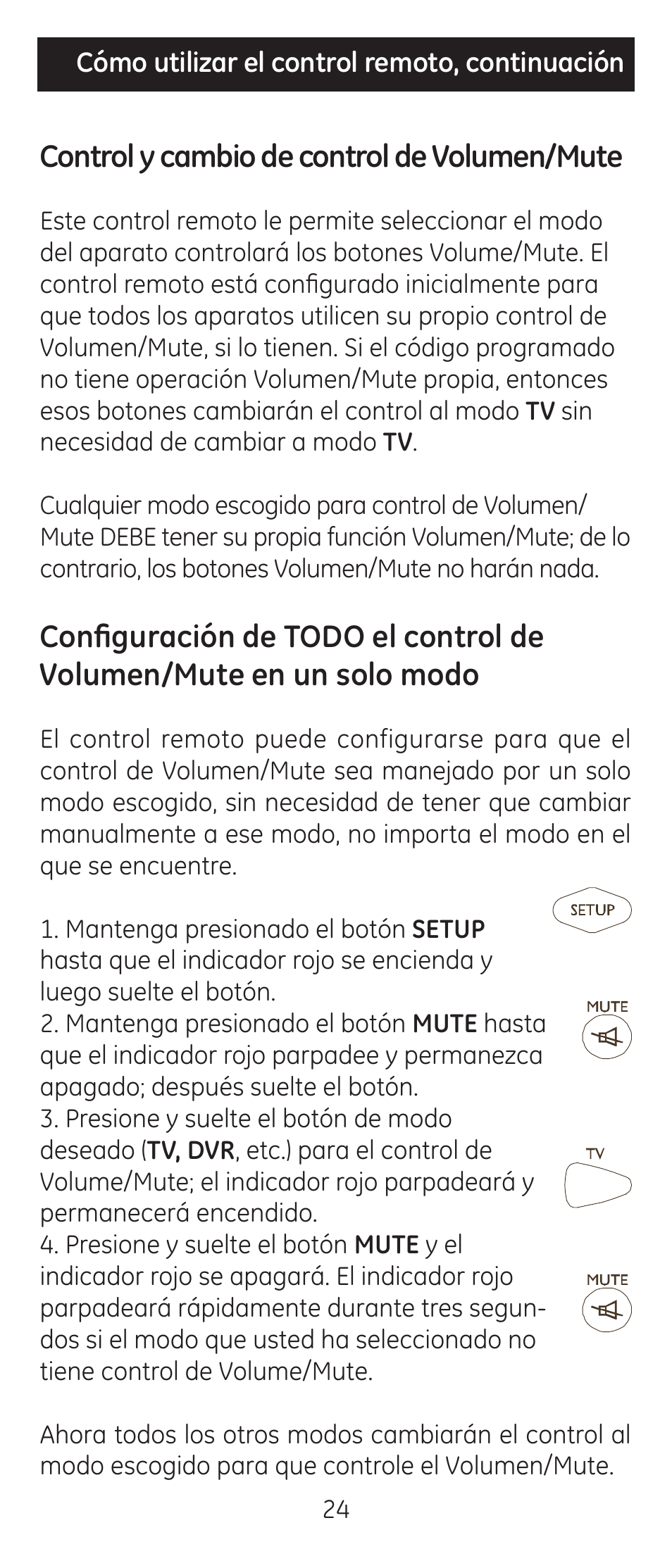 Control y cambio de control de volumen/mute | GE 24944 Universal Remote User Manual | Page 24 / 28