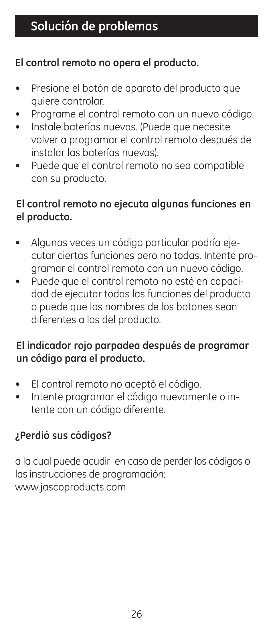 Solución de problemas | GE 24944 Universal Remote User Manual | Page 26 / 28