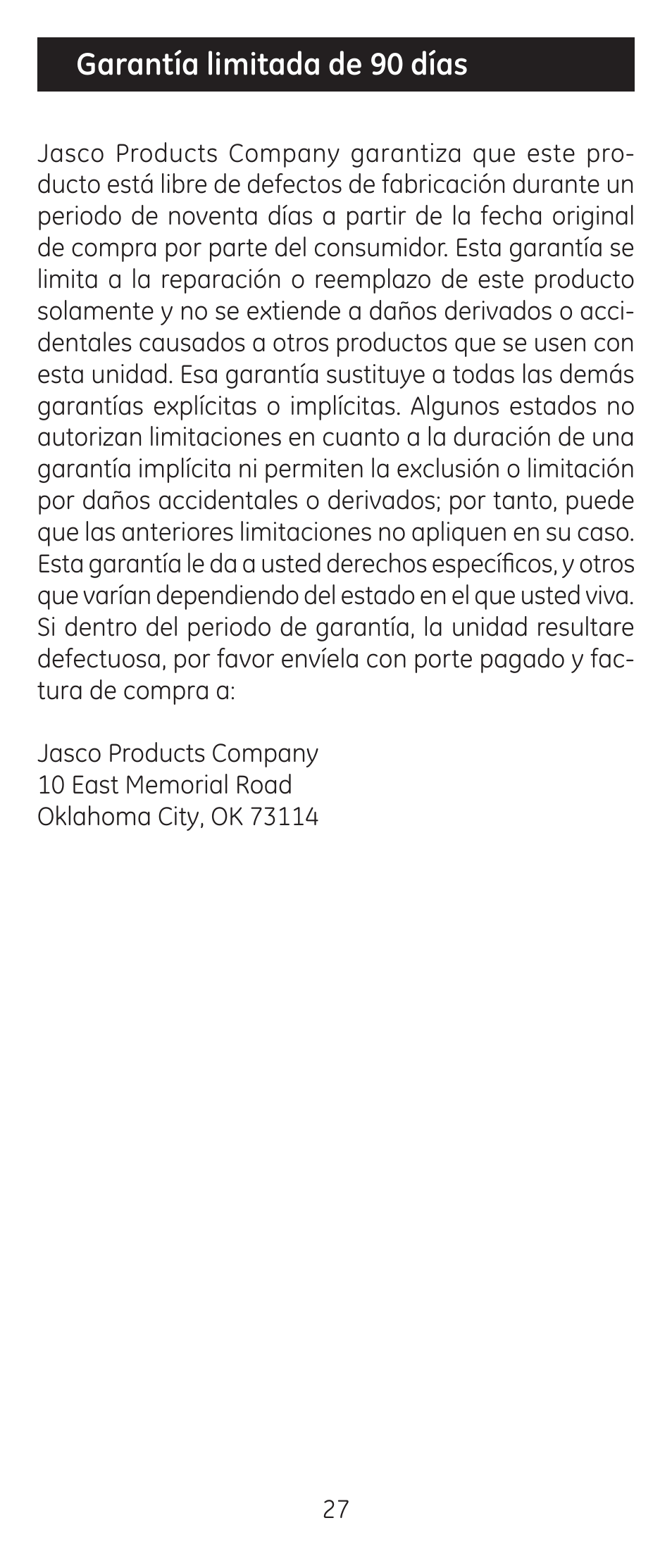 Garantía limitada de 90 días | GE 24944 Universal Remote User Manual | Page 27 / 28