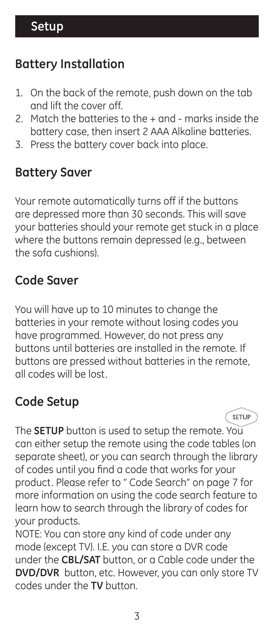 Battery installation, Battery saver, Code saver | Code setup, Setup | GE 24944 Universal Remote User Manual | Page 3 / 28