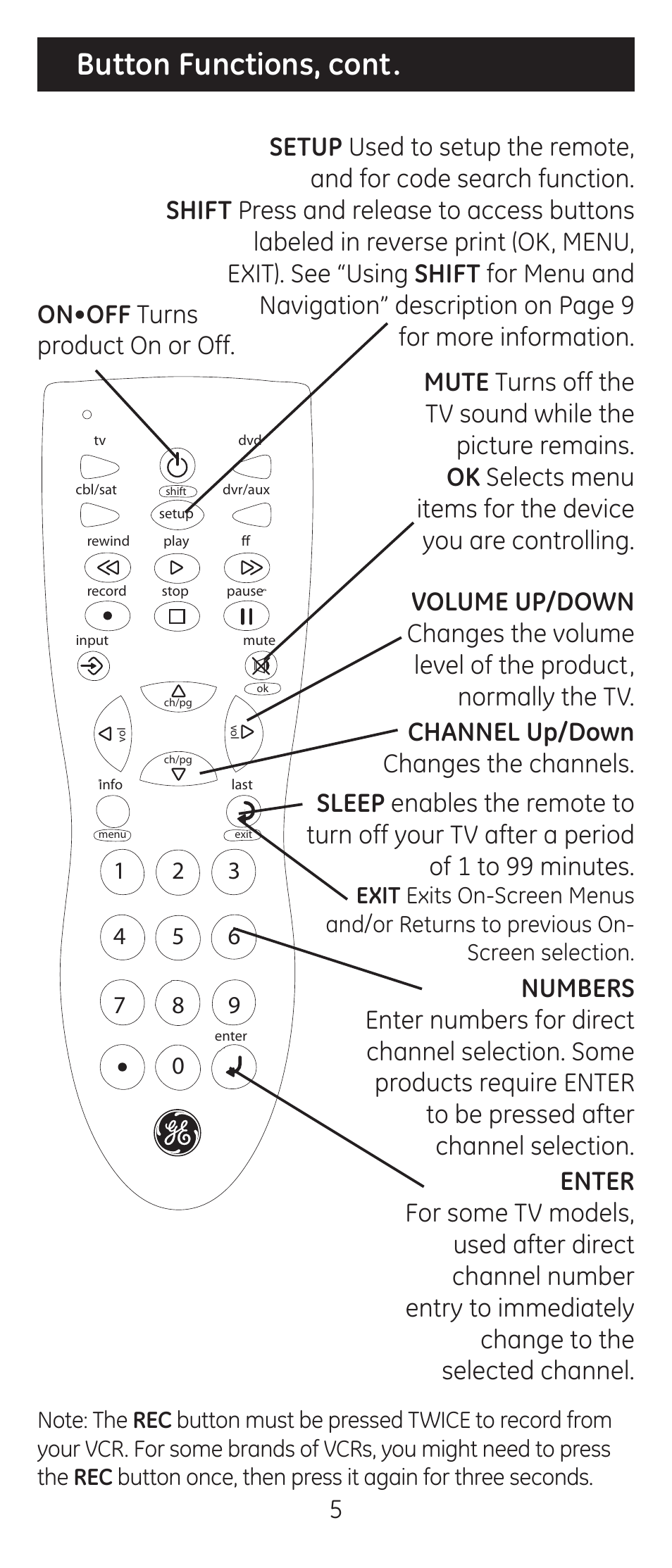 Button functions, cont | GE 24944 Universal Remote User Manual | Page 5 / 28