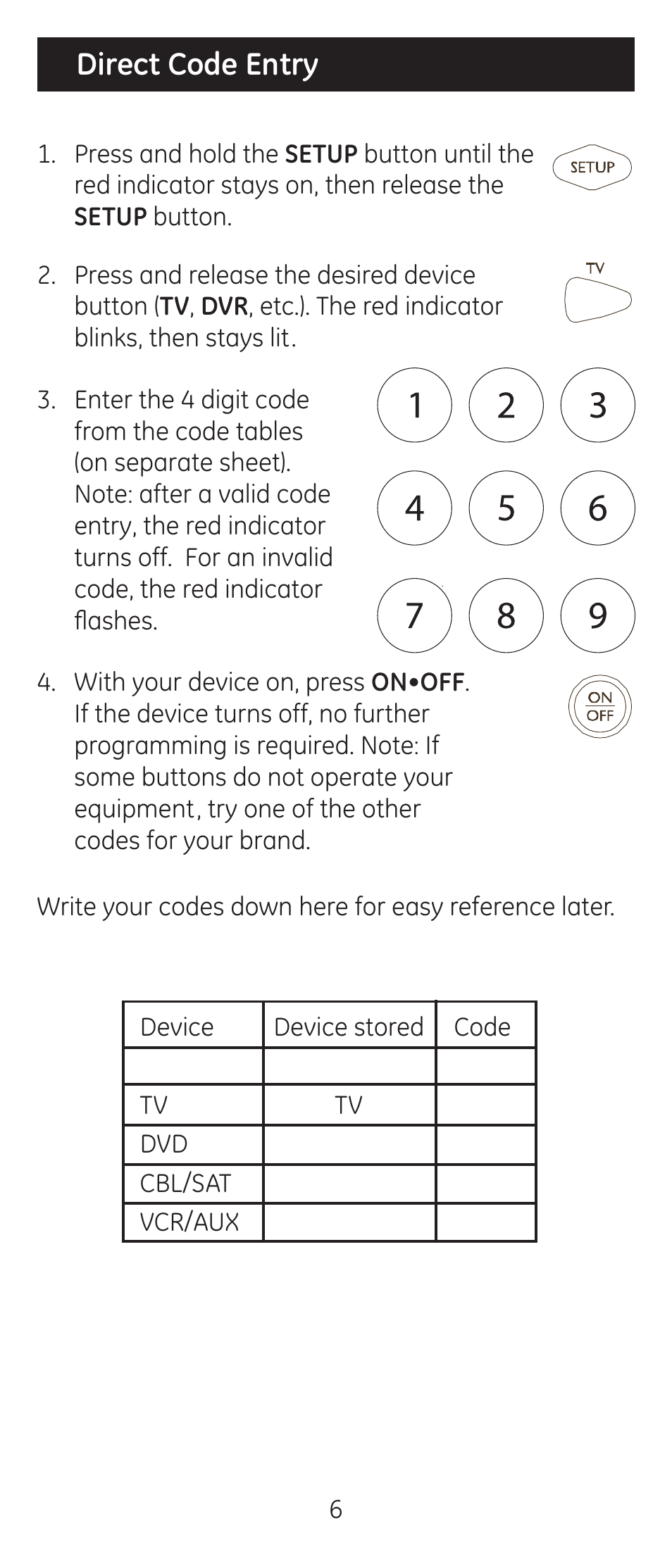 Direct code entry | GE 24944 Universal Remote User Manual | Page 6 / 28
