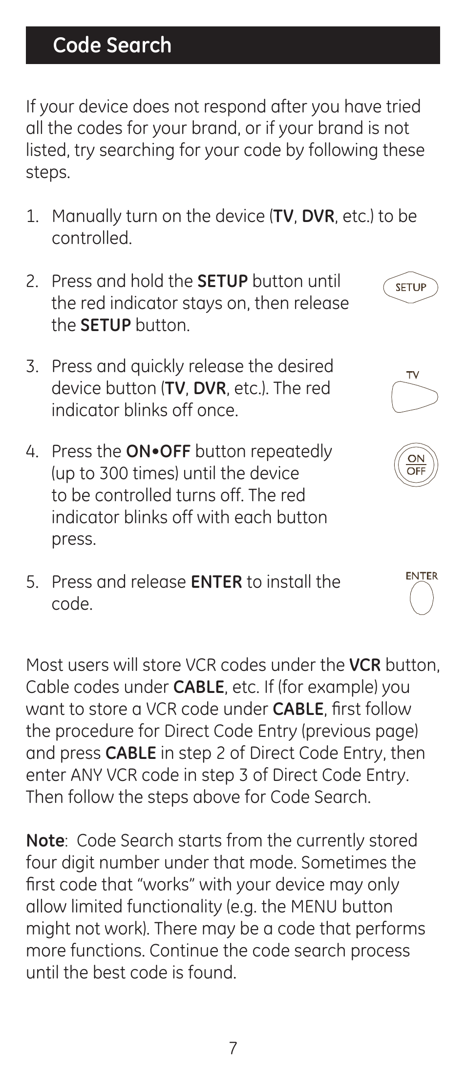 Code search | GE 24944 Universal Remote User Manual | Page 7 / 28