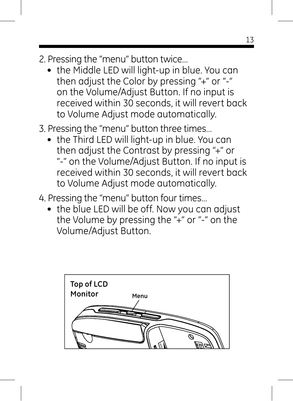 Top of lcd monitor | GE 45261 GE Wireless Color Camera with Portable LCD Monitor User Manual | Page 13 / 18