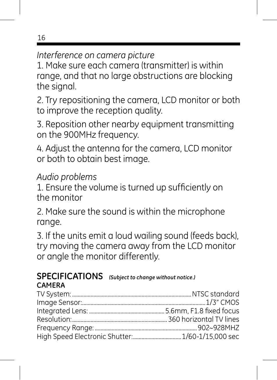 GE 45261 GE Wireless Color Camera with Portable LCD Monitor User Manual | Page 16 / 18