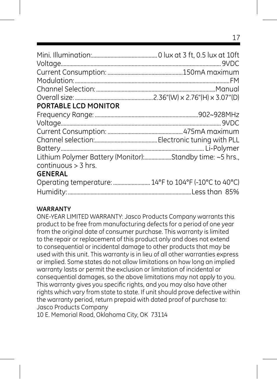 GE 45261 GE Wireless Color Camera with Portable LCD Monitor User Manual | Page 17 / 18