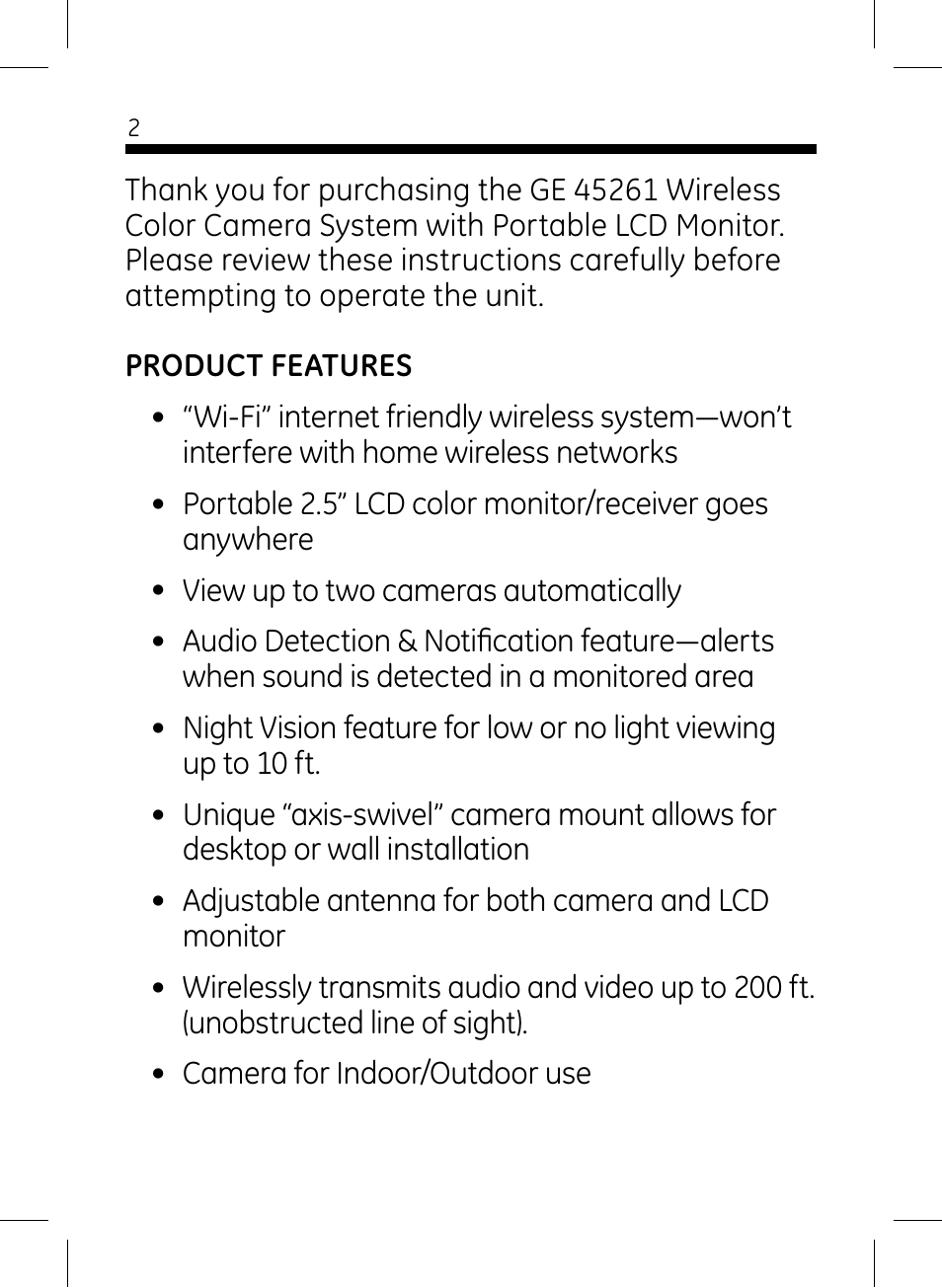 GE 45261 GE Wireless Color Camera with Portable LCD Monitor User Manual | Page 2 / 18