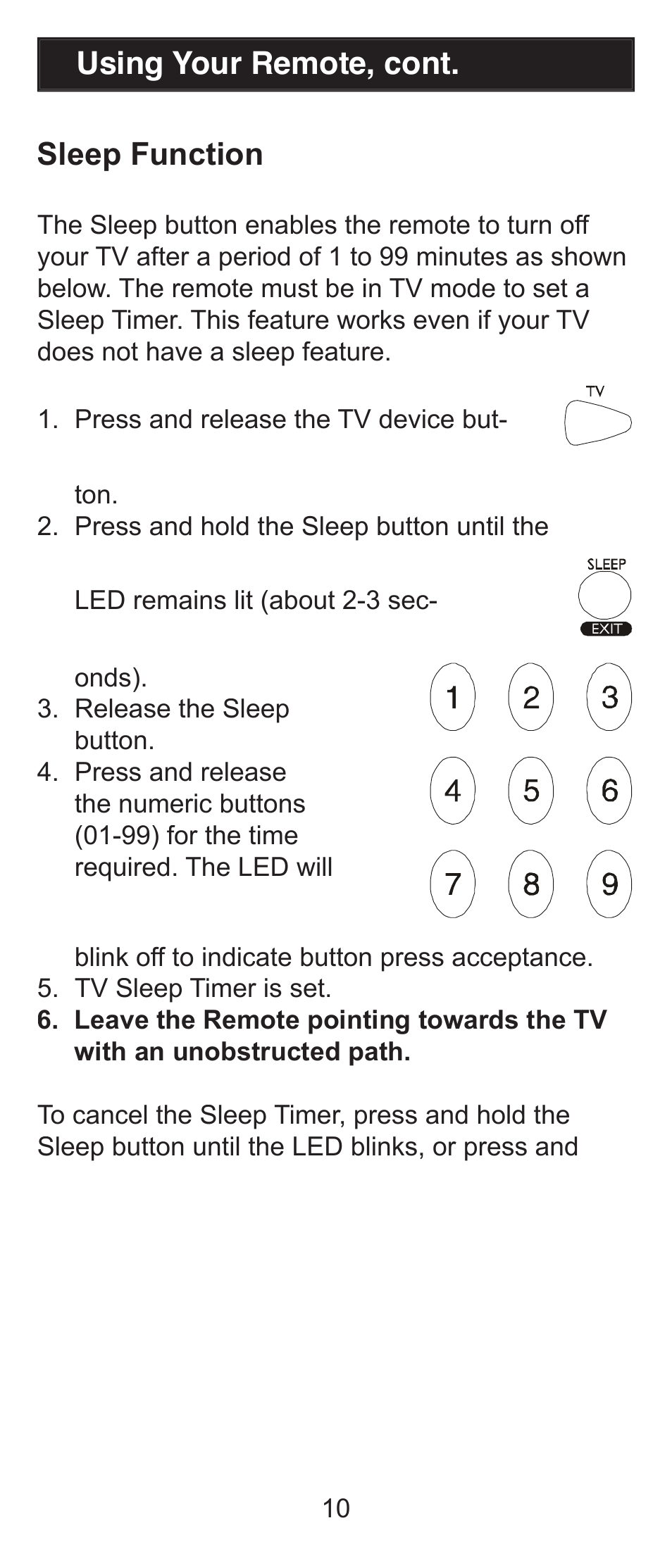 Using your remote, cont. sleep function | GE RM84911 User Manual | Page 10 / 29