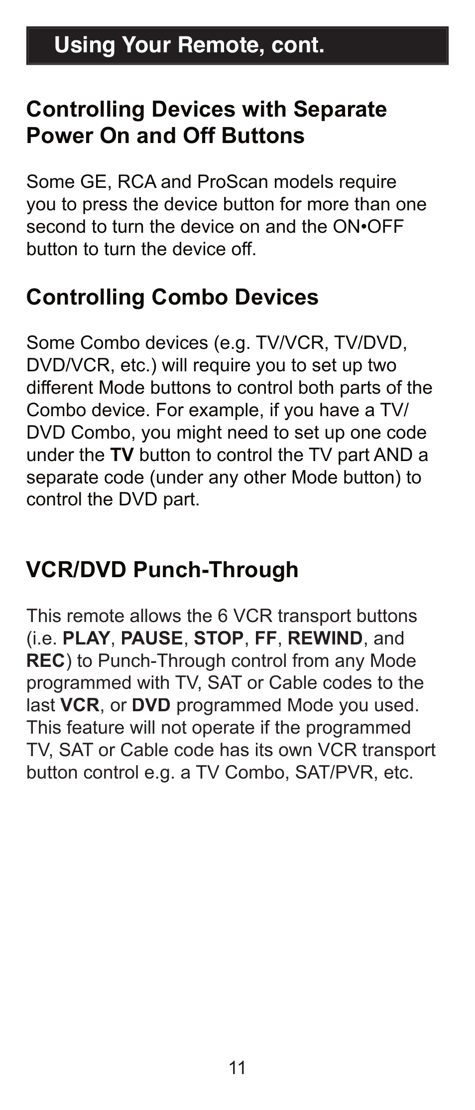 Controlling combo devices, Vcr/dvd punch-through | GE RM84911 User Manual | Page 11 / 29