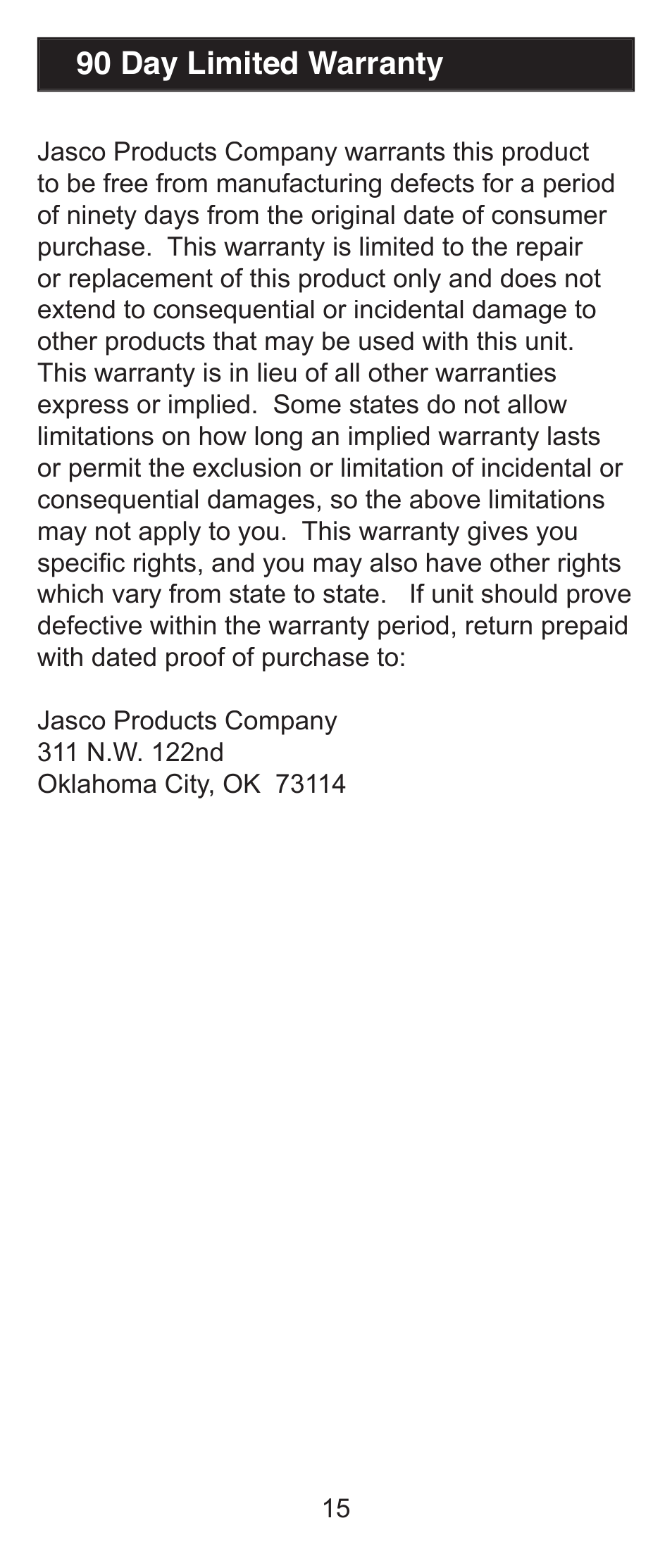 90 day limited warranty | GE RM84911 User Manual | Page 15 / 29