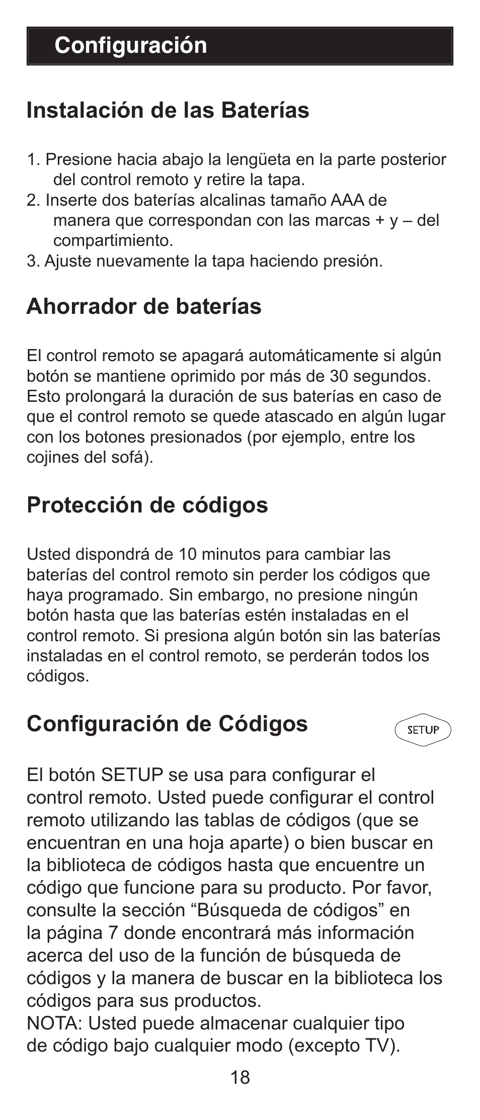 Instalación de las baterías, Ahorrador de baterías, Protección de códigos | Conﬁ guración de códigos, Conﬁ guración | GE RM84911 User Manual | Page 18 / 29