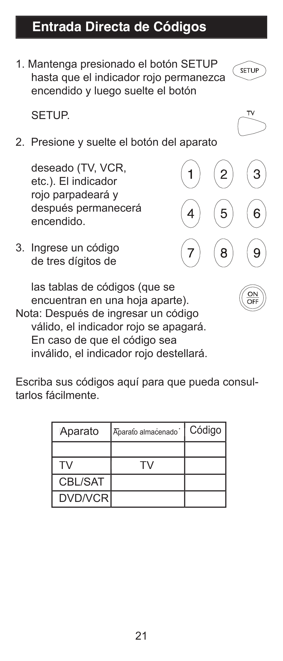 Entrada directa de códigos | GE RM84911 User Manual | Page 21 / 29