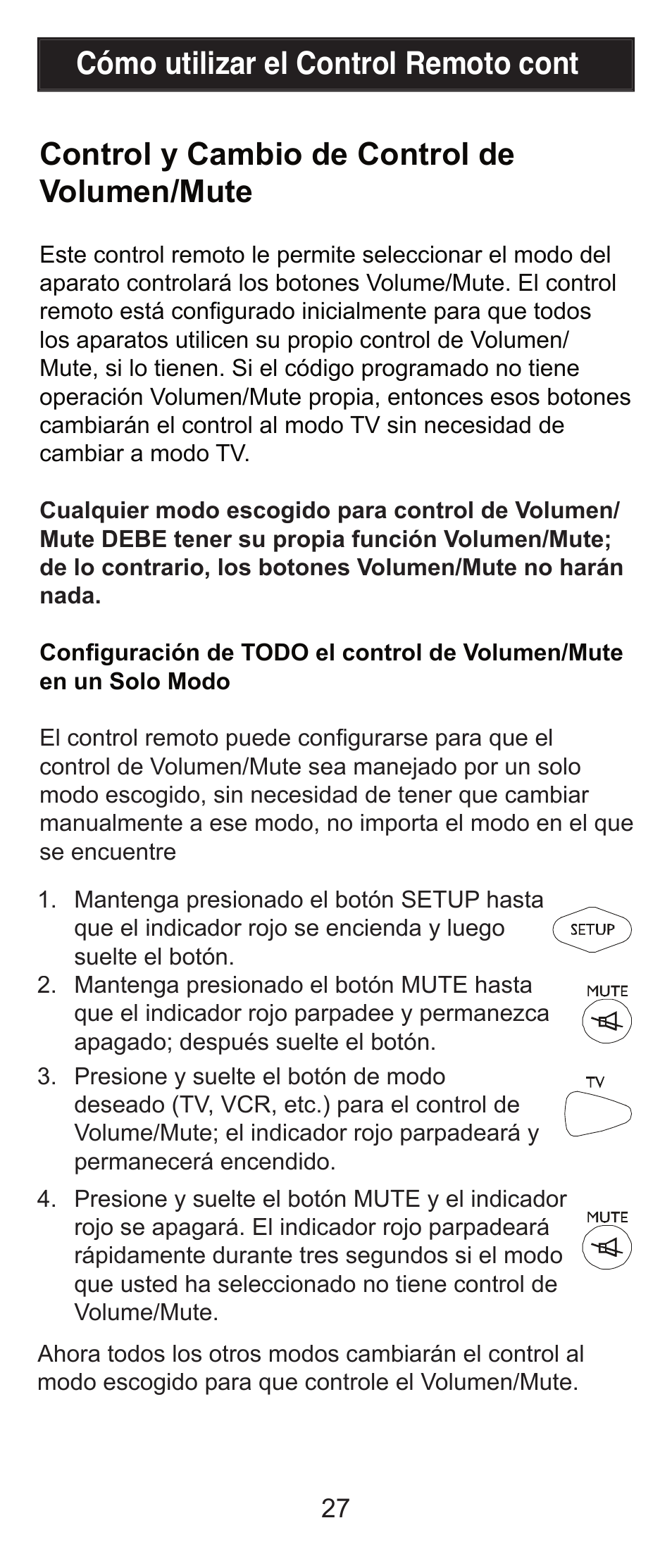 Control y cambio de control de volumen/mute, Cómo utilizar el control remoto cont | GE RM84911 User Manual | Page 27 / 29