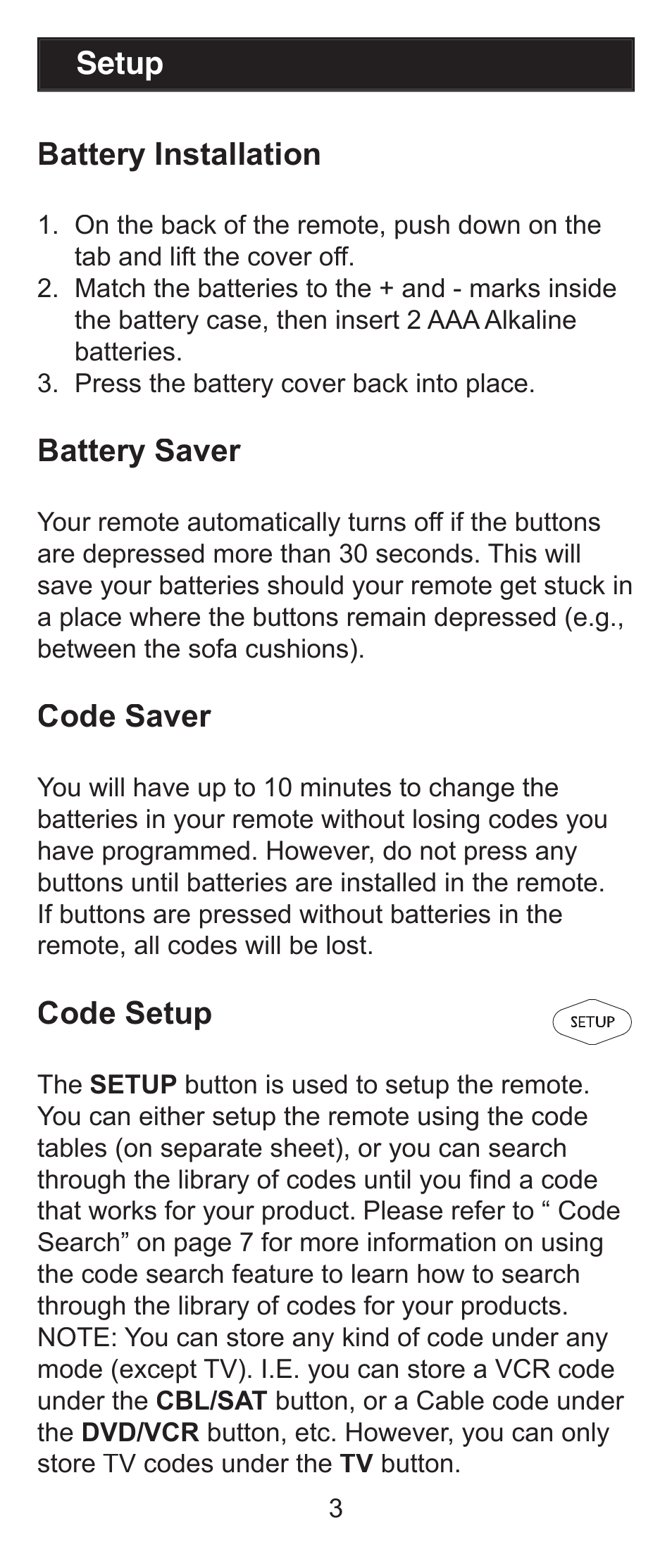 Battery installation, Battery saver, Code saver | Code setup, Setup | GE RM84911 User Manual | Page 3 / 29