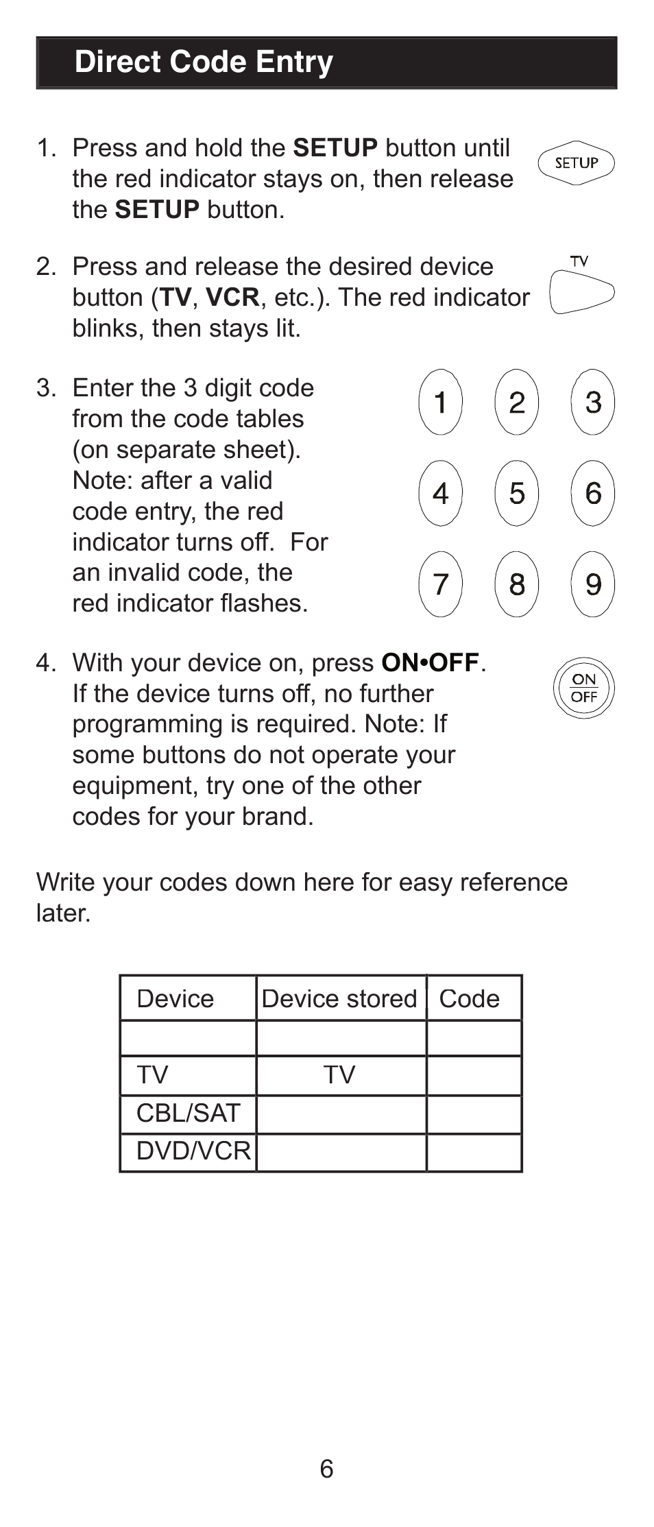 Direct code entry | GE RM84911 User Manual | Page 6 / 29