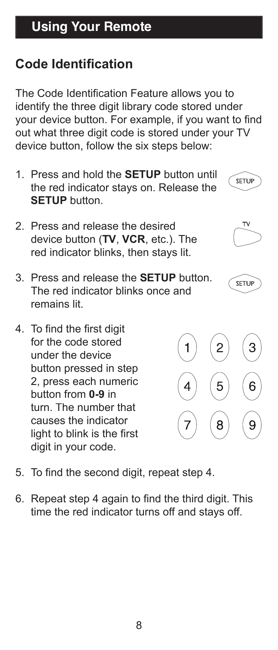 Using your remote code identiﬁ cation | GE RM84911 User Manual | Page 8 / 29