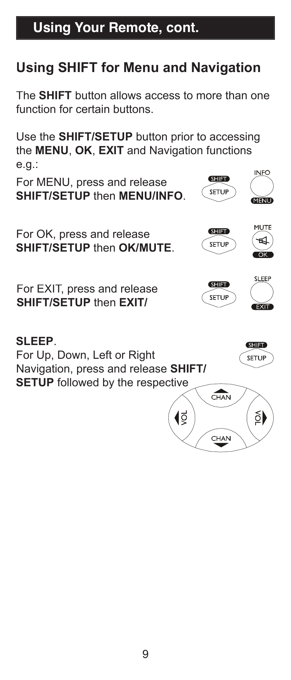 Using your remote, cont, Using shift for menu and navigation | GE RM84911 User Manual | Page 9 / 29