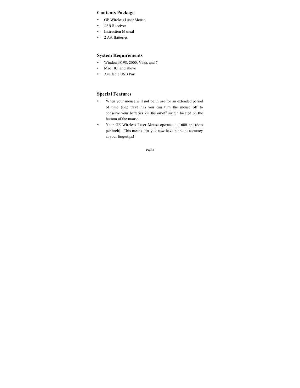 GE 98536 GE Wireless Laser Mouse User Manual | Page 2 / 7