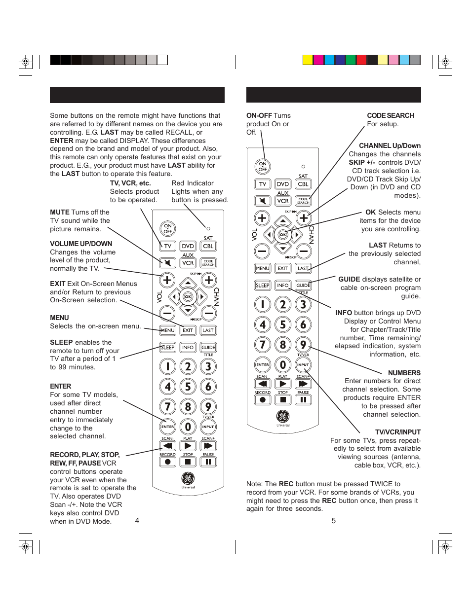 Button functions, cont, Button functions | GE RM24965 User Manual | Page 3 / 9