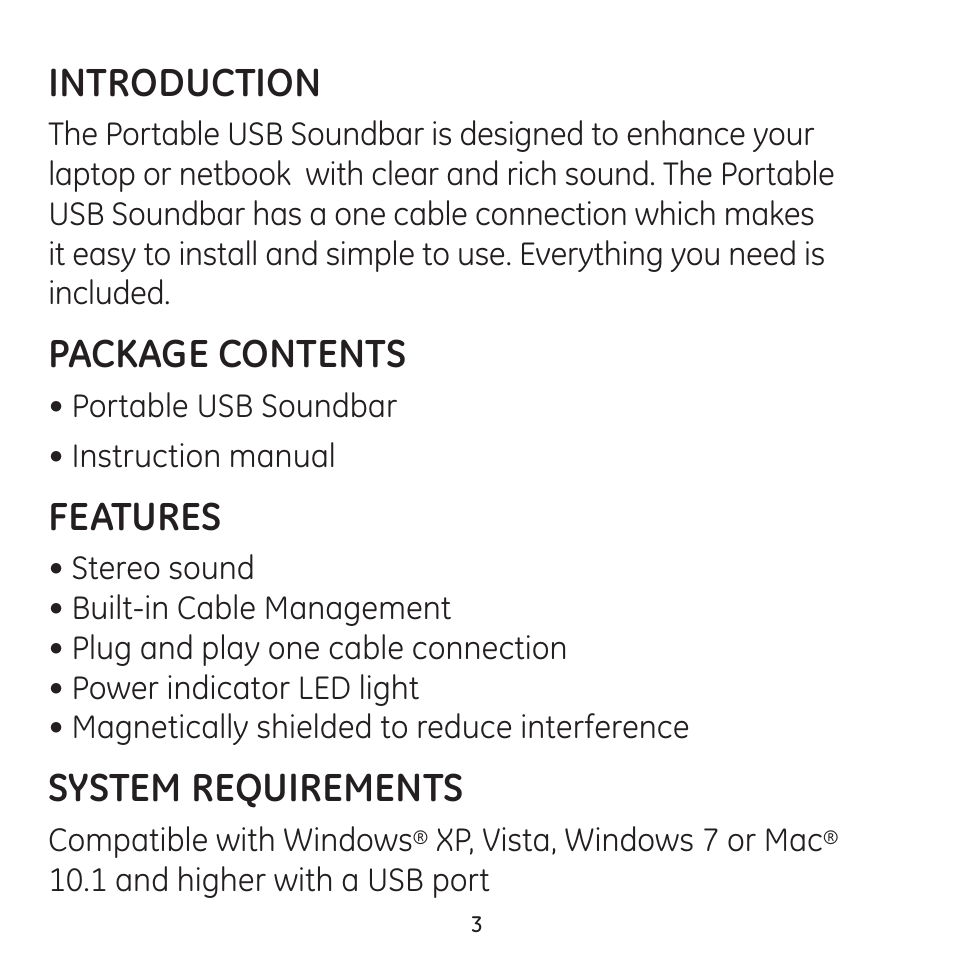 Introduction, Package contents, Features | System requirements | GE 98925 GE Portable USB Soundbar User Manual | Page 3 / 10