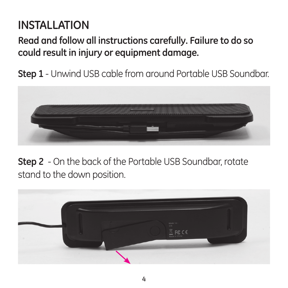 Installation | GE 98925 GE Portable USB Soundbar User Manual | Page 4 / 10