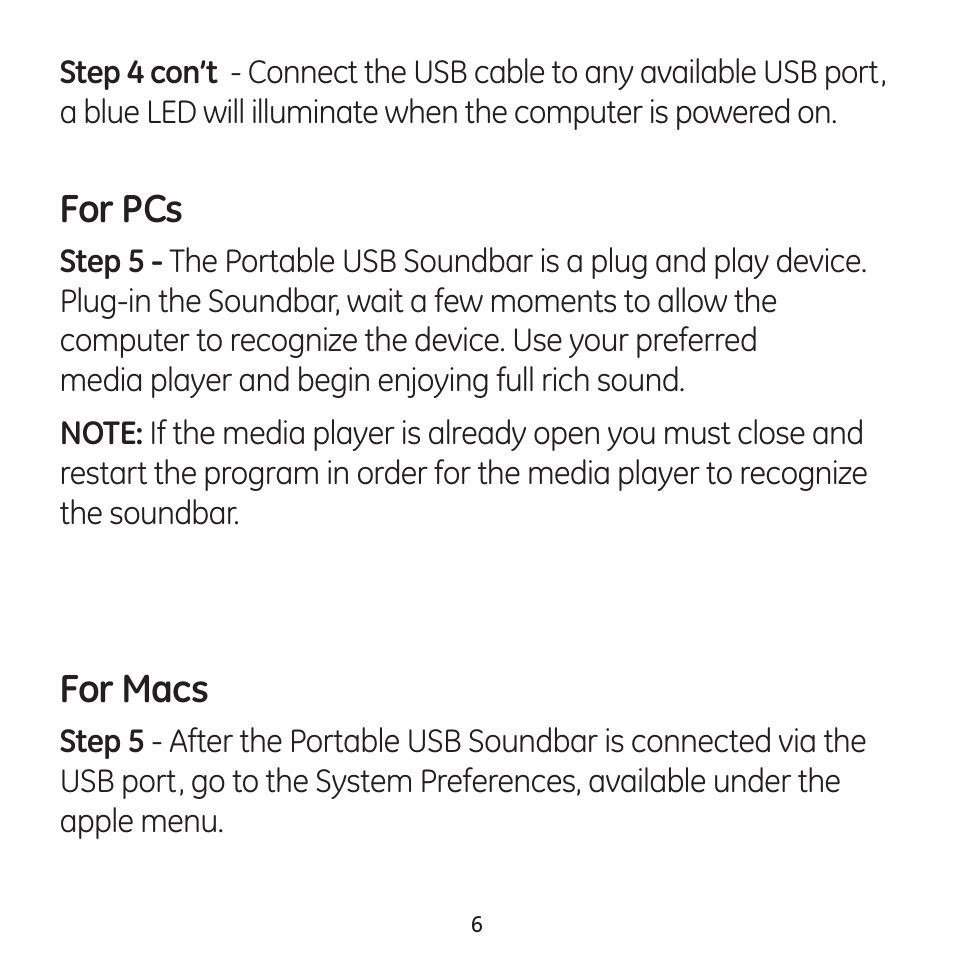 For pcs, For macs | GE 98925 GE Portable USB Soundbar User Manual | Page 6 / 10