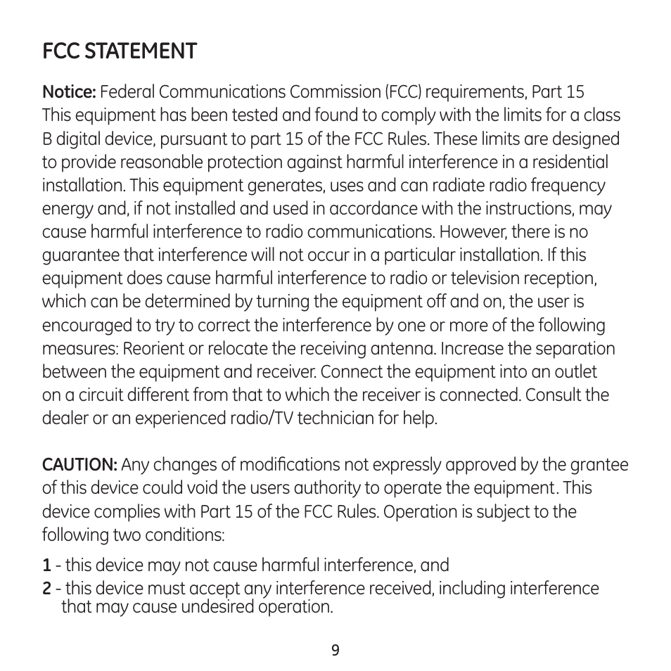 Fcc statement | GE 98925 GE Portable USB Soundbar User Manual | Page 9 / 10