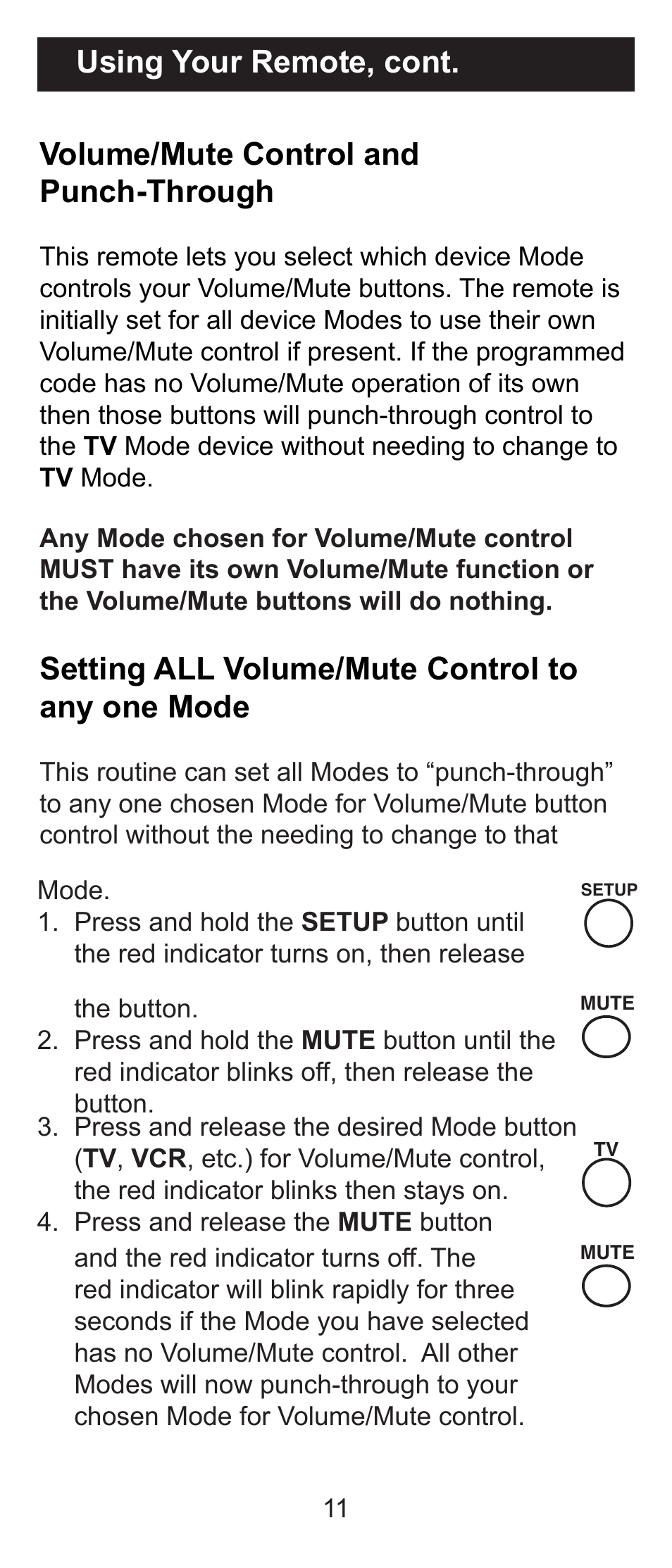 Volume/mute control and punch-through, Setting all volume/mute control to any one mode, Using your remote, cont | GE RM84930 User Manual | Page 11 / 16