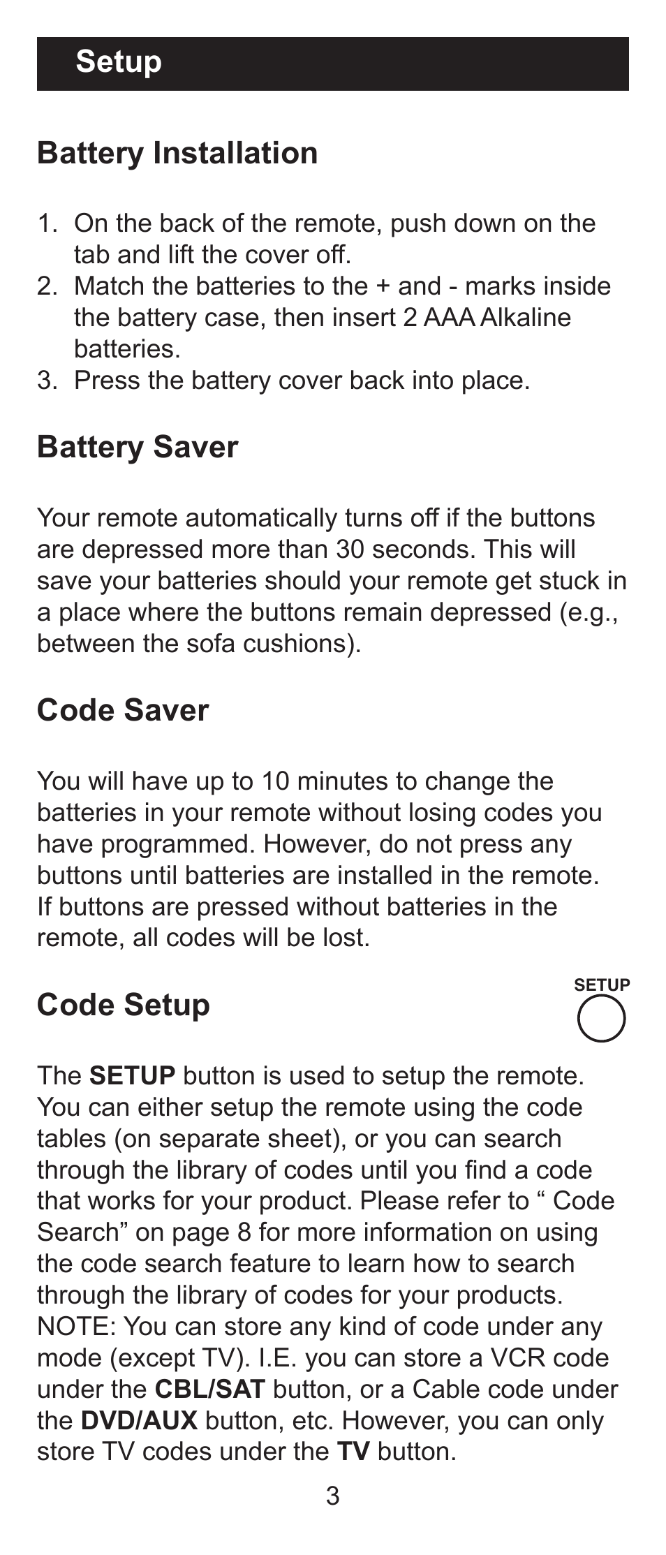 Battery installation, Battery saver, Code saver | Code setup, Setup | GE RM84930 User Manual | Page 3 / 16