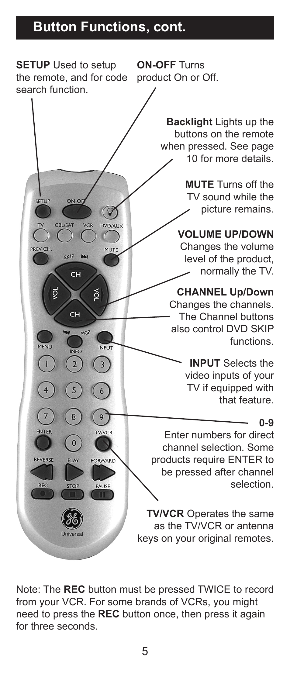 Button functions, cont | GE RM84930 User Manual | Page 5 / 16