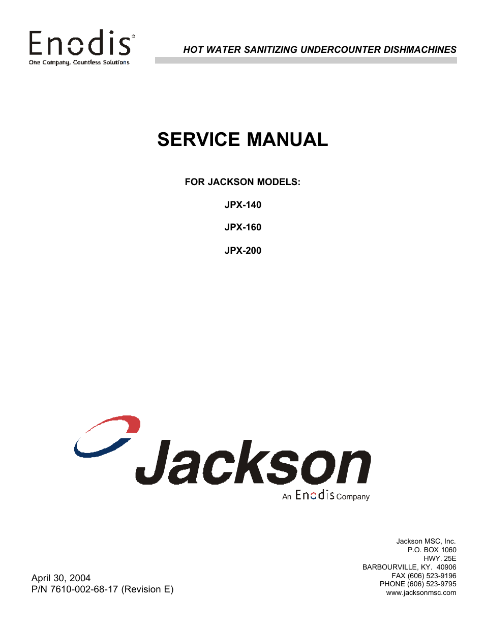 Jackson Hot Water Sanitizing Undercounter Dishmachines JPX-200 User Manual | 51 pages