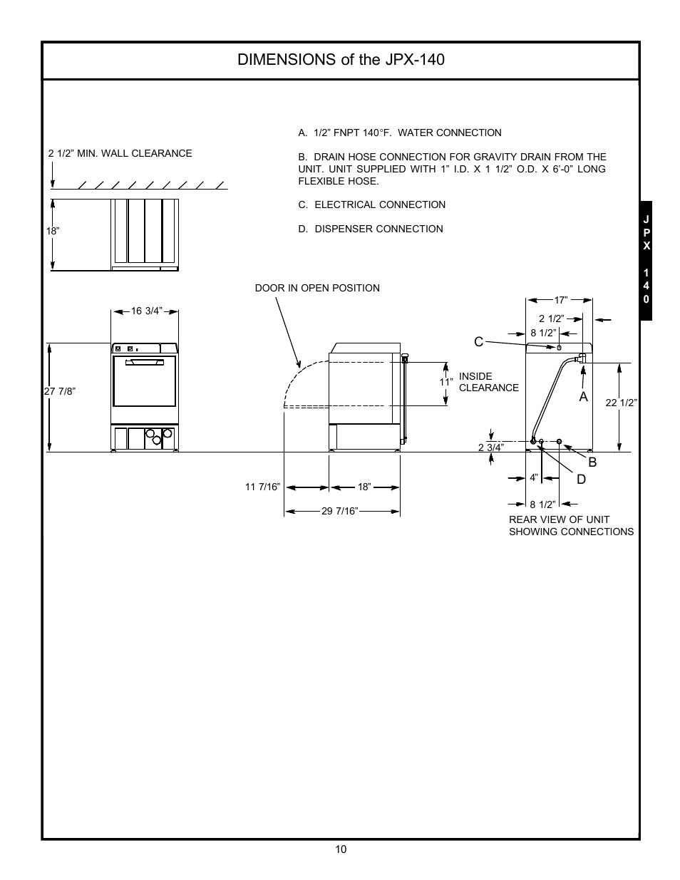 Dimensions, Dimensions of the jpx-140 | Jackson Hot Water Sanitizing Undercounter Dishmachines JPX-200 User Manual | Page 13 / 51