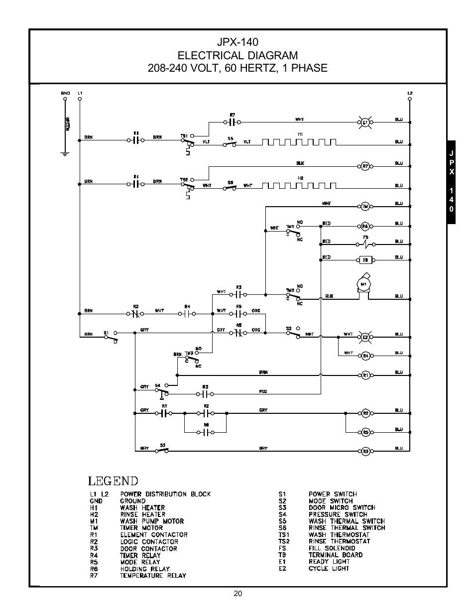 Electrical diagram, 240 volt, 60 hertz, 1 phase | Jackson Hot Water Sanitizing Undercounter Dishmachines JPX-200 User Manual | Page 23 / 51