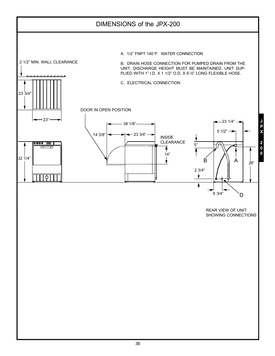 Dimensions, Dimensions of the jpx-200 | Jackson Hot Water Sanitizing Undercounter Dishmachines JPX-200 User Manual | Page 39 / 51