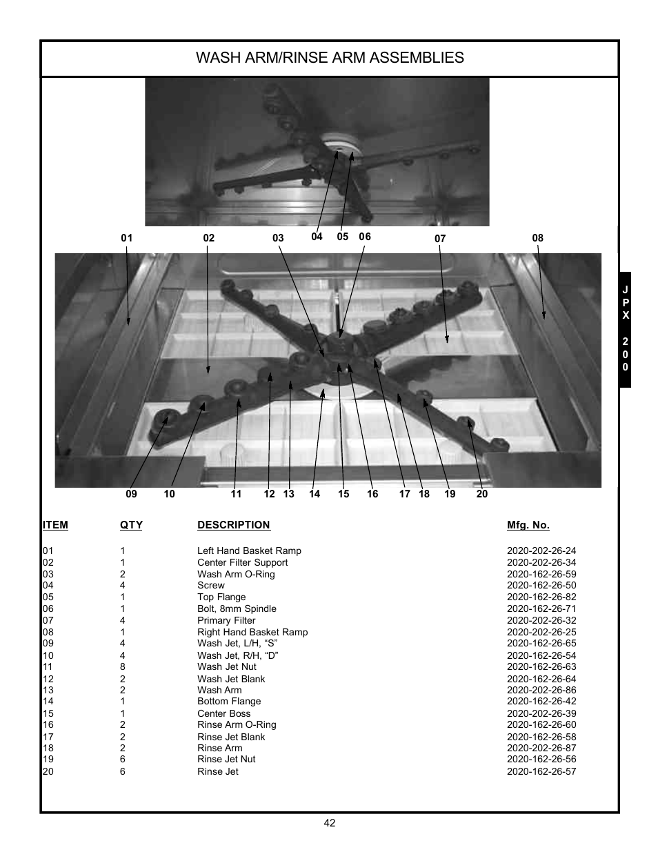 Wash arm/rinse arm assemblies | Jackson Hot Water Sanitizing Undercounter Dishmachines JPX-200 User Manual | Page 45 / 51