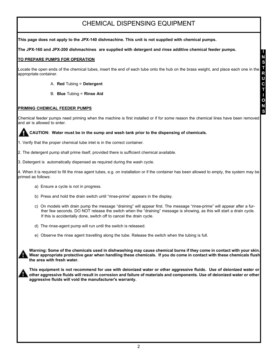 Chemical dispensing equipment | Jackson Hot Water Sanitizing Undercounter Dishmachines JPX-200 User Manual | Page 5 / 51