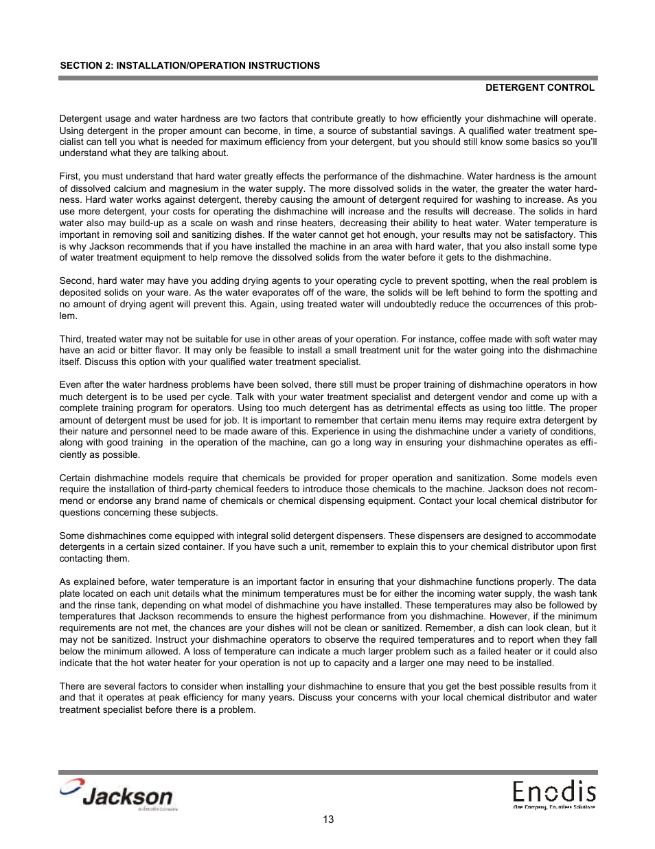 Detergent control | Jackson 10A User Manual | Page 18 / 33