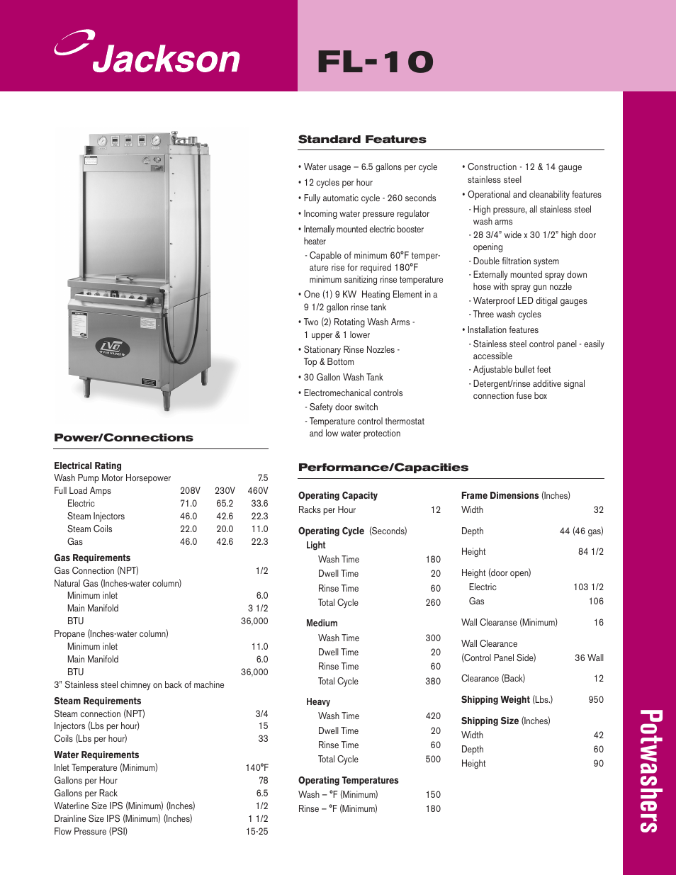 Jackson Potwashers FL-10 User Manual | 2 pages